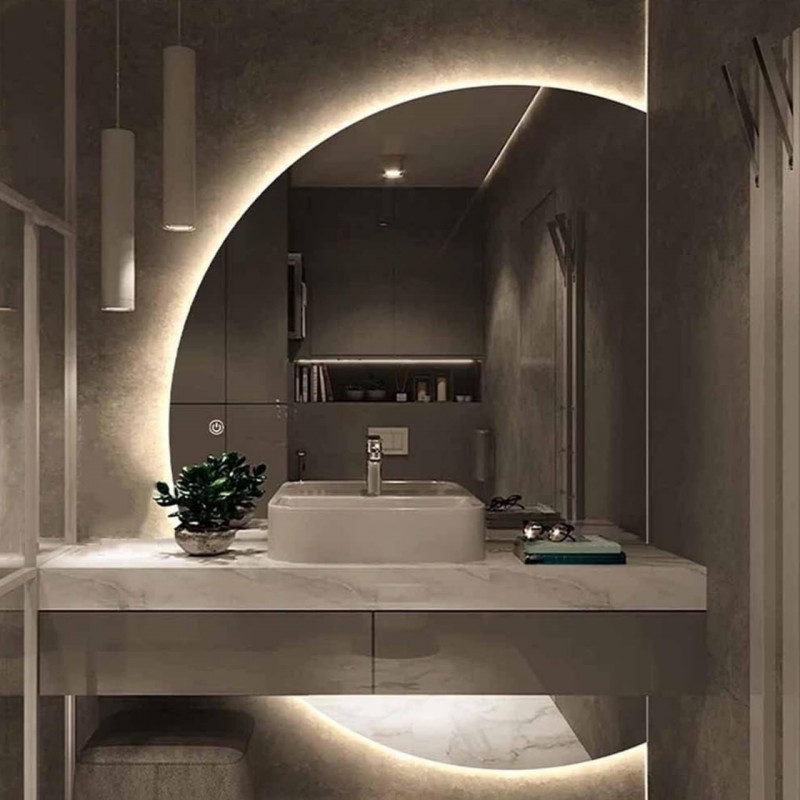 LED Bathroom Mirror with Defogging Feature - Large Half Circle Full Length Wall Mirror